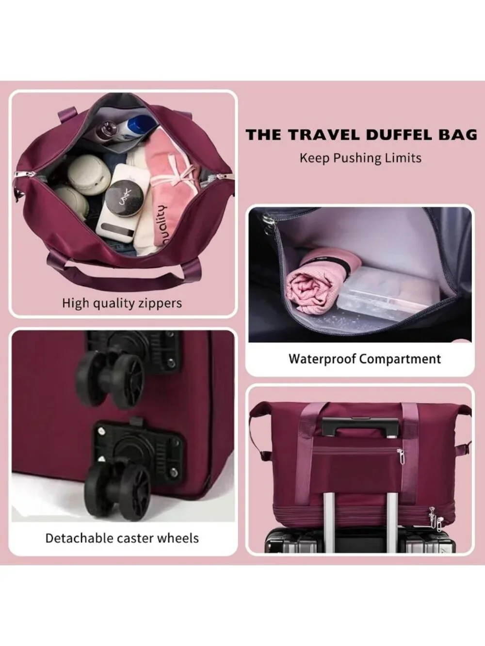 Expandable Rolling Duffel Bag with Removable Wheels - Travel Carry-On Luggage